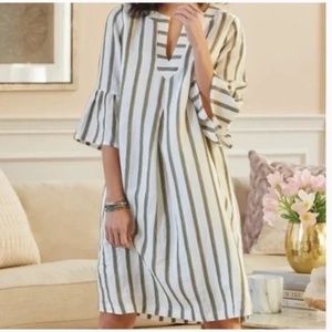 Soft Surroundings Rue Jussieu Dress Linen Green Stripe Flutter Sleeve XS
